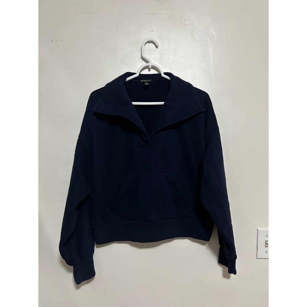 Beyond Yoga Womens Navy Blue Oversized Collar V-Neck Pullover Sweatshirt Size M
